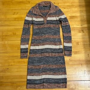 Prana Striped Long Sleeve Dress in Blue, Cream, and Brown | L